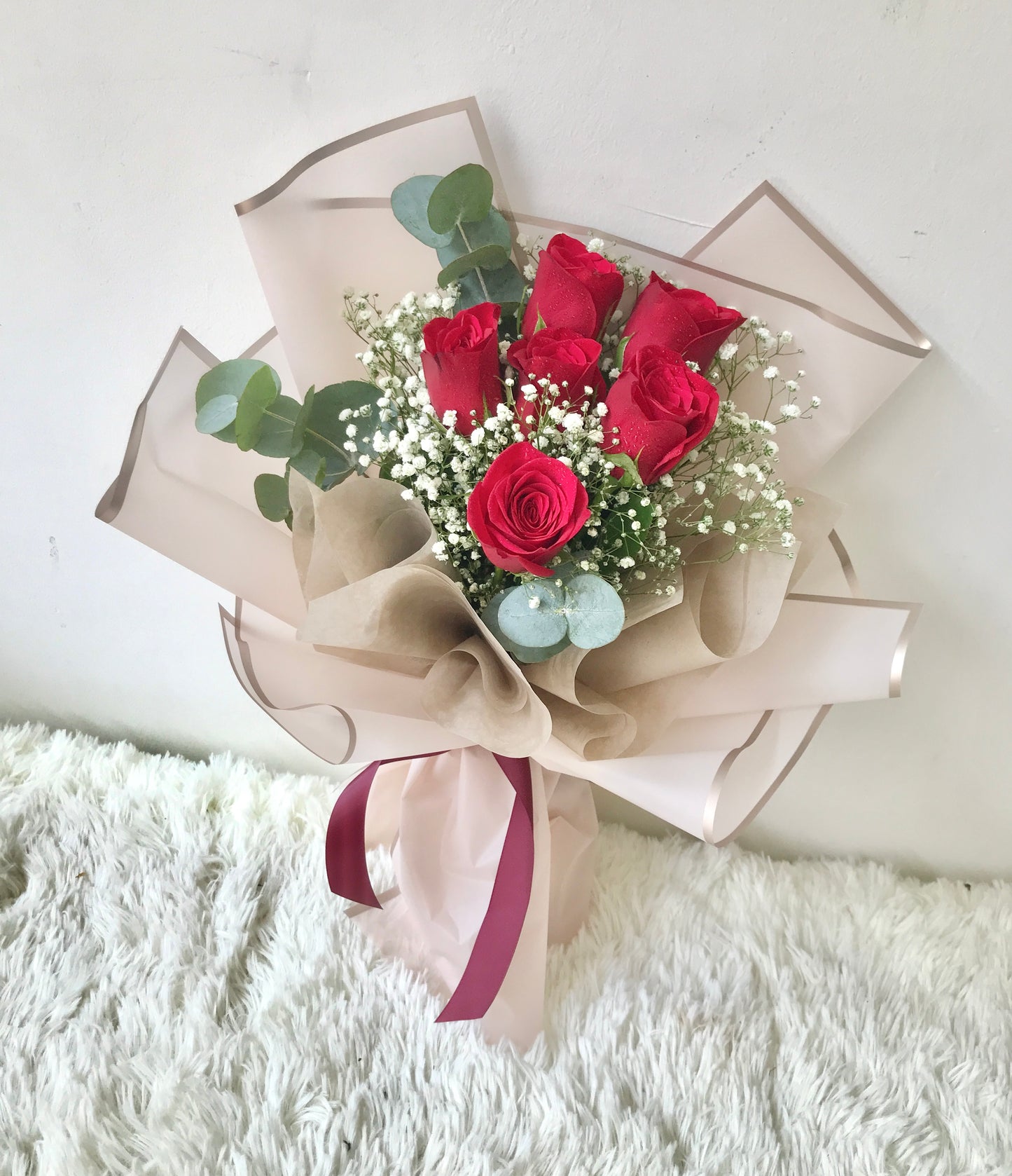 Fresh Roses with Baby Breath and Eucalyptus Leaves Bouquet