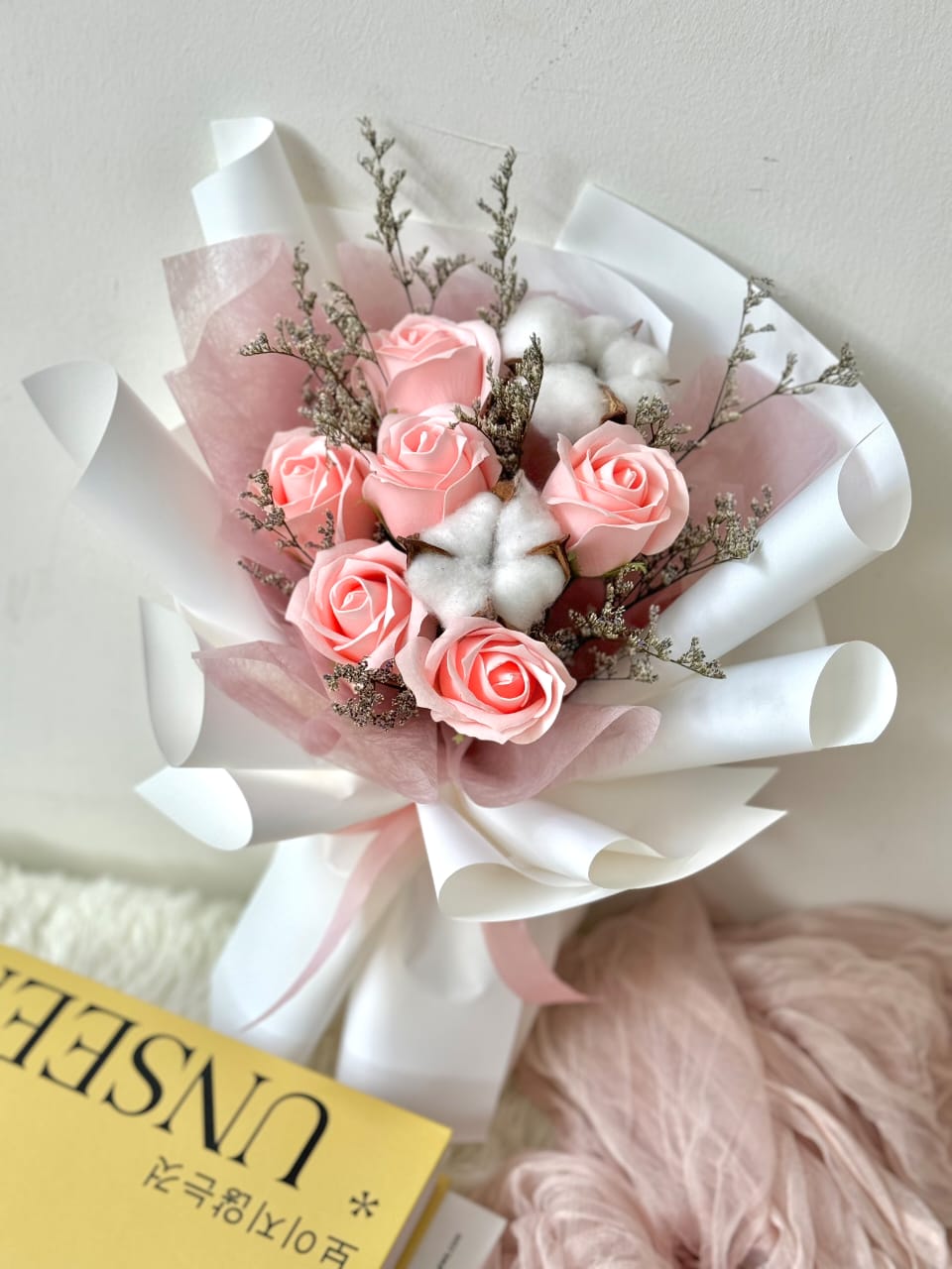 Soap Roses with Cotton Flowers and Caspia Flowers